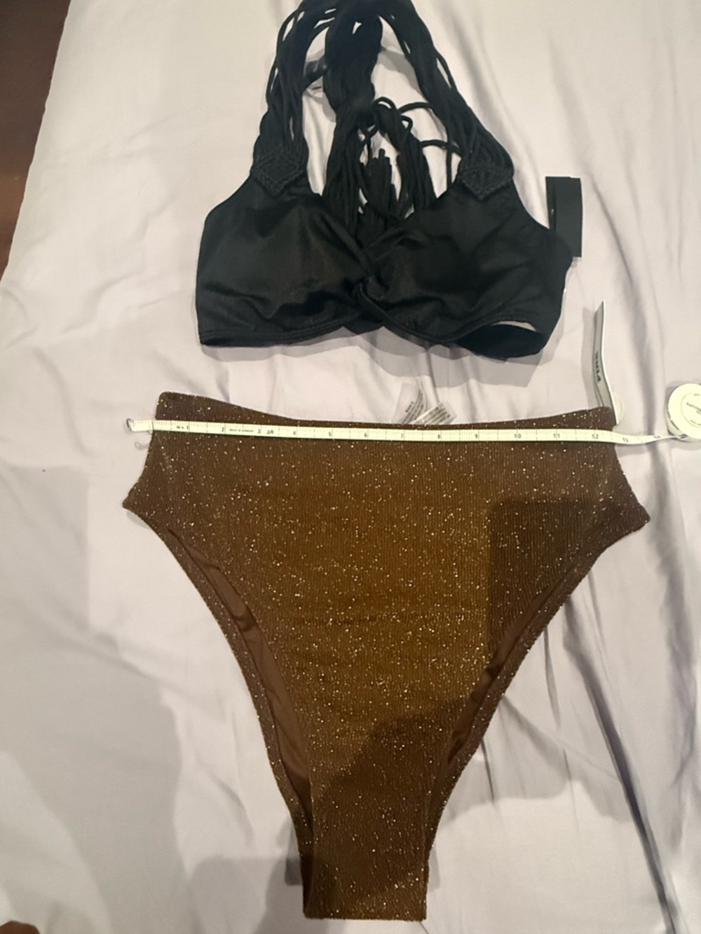 Women’s High-Waist Shimmer Bikini Bottom and Black Halter Top Set